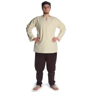 mittelalterliche tunika kurz mit schlitzkragen in natur-beige, blau und schwarz