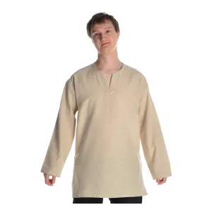 mittelalterliche tunika kurz mit schlitzkragen in natur-beige, blau und schwarz